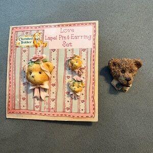 1995 Enesco Cherished Teddies Bear Rose Bow Love Lapel Pin Pierced Earring Set